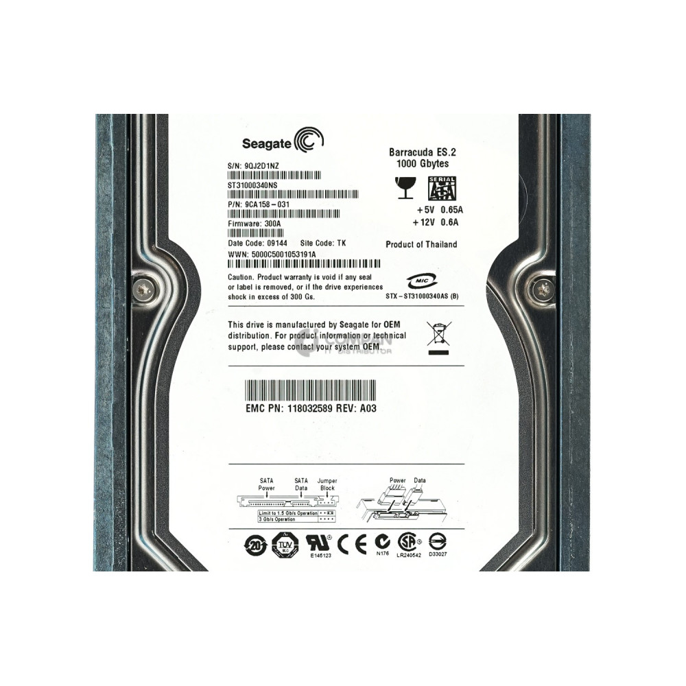 005048829 EMC HARD DRIVE 1TB 7.2K 3G 3.5 LFF 520BPS SATA II 118032589B A03, ST31000340NS